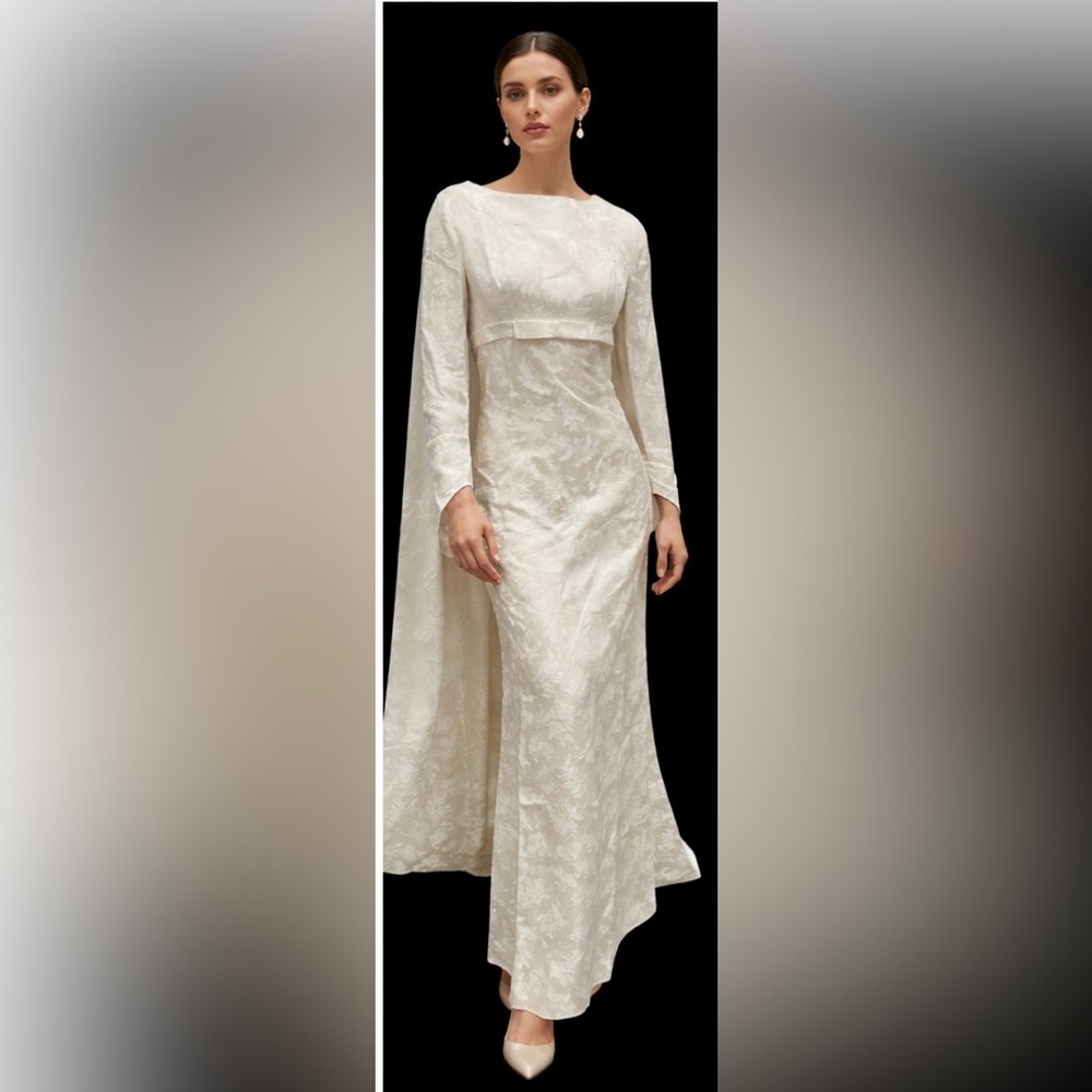 1960’s Women's Handmade Ivory Floral Caped
Jacquard Maxi Wedding / Formal Dress